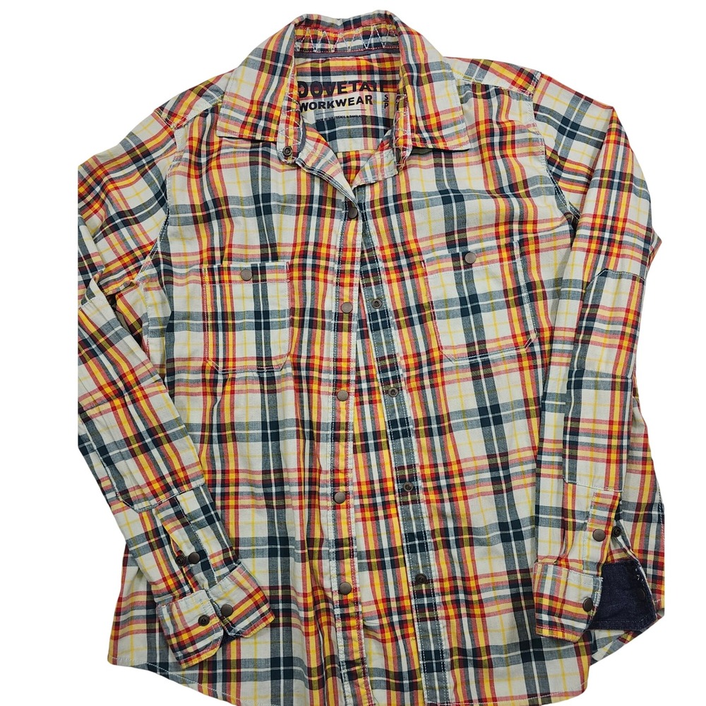 Dovetail Workwear Plaid Snap Front Shirt Red Yellow Blue Small W/ Elbow Pads